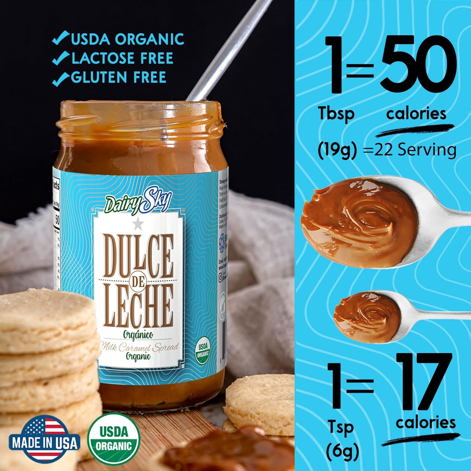 DairySky Lactose Free Milk Powder (16oz) & Organic Dulce de Leche 15oz | Lactose Free Nonfat Milk Kosher with Protein & Calcium | Caramel Sauce for Coffee, Ice Cream Toppings, Caramel Chocolate Spread - Image 2